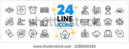 Icons set of Reminder, Presentation board and Parking garage line icons pack for app with Cloud computing, Text message, Auction hammer thin outline icon. Survey results. Design with 3d stars. Vector