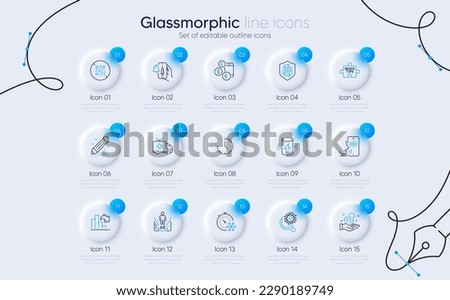 Set of Coronavirus research, Freezing timer and Charge battery line icons for web app. Decreasing graph, Ambulance car, Fingerprint icons. Qr code, Vaccine announcement, Time signs. Vector