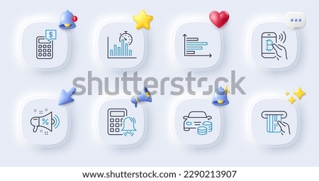 Report timer, Calculator alarm and Buy car line icons. Buttons with 3d bell, chat speech, cursor. Pack of Calculator, Sale megaphone, Horizontal chart icon. Credit card, Bitcoin pay pictogram. Vector