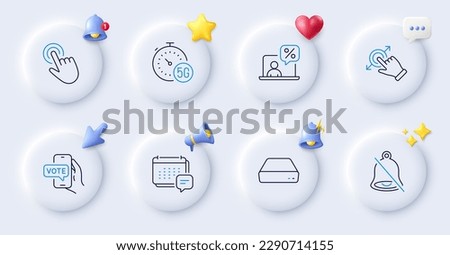Mute, Message and Online tax line icons. Buttons with 3d bell, chat speech, cursor. Pack of Mini pc, Touchscreen gesture, 5g internet icon. Online voting, Cursor pictogram. Vector