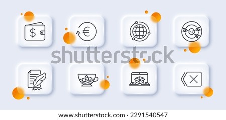 Cold coffee, Feather signature and Targeting line icons pack. 3d glass buttons with blurred circles. Online delivery, Dollar wallet, Exchange currency web icon. Remove, Globe pictogram. Vector