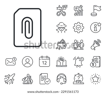 Information File sign. Salaryman, gender equality and alert bell outline icons. Attach Document line icon. Paper page concept symbol. Upload data. Attachment line sign. Vector