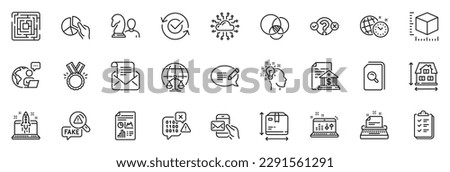 Icons pack as Pie chart, Honor and Bank document line icons for app include Idea, Package size, Fake news outline thin icon web set. Binary code, Messenger mail, Start business pictogram. Vector