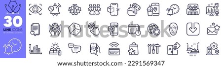 Load document, Puzzle and Chat app line icons pack. Filling station, Spanner tool, Search file web icon. Face biometrics, Loyalty points, Alarm clock pictogram. Solar panel, Text message. Vector