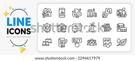 Vacancy, Buying and Teacher line icons set for app include Organic waste, Delivery man, Capsule pill outline thin icon. Filling station, Inspect, Copyright protection pictogram icon. Vector