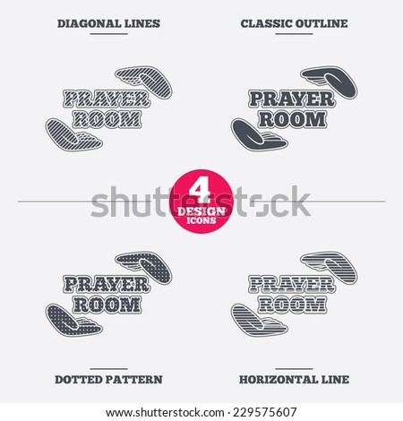 Prayer room sign icon. Religion priest faith symbol. Pray with hands. Diagonal and horizontal lines, classic outline, dotted texture. Pattern design icons.  Vector
