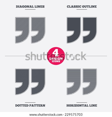 Quote sign icon. Quotation mark symbol. Double quotes at the end of words. Diagonal and horizontal lines, classic outline, dotted texture. Pattern design icons.  Vector
