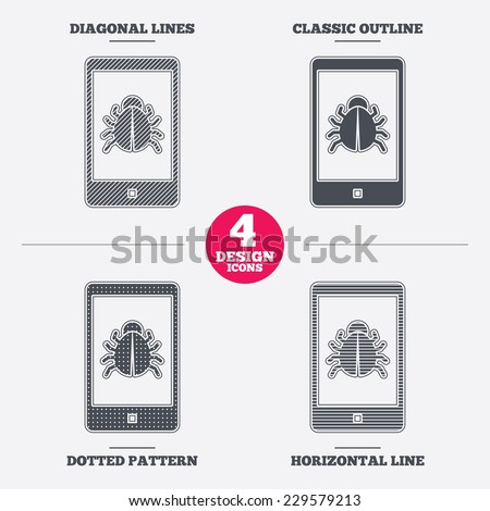 Smartphone virus sign icon. Software bug symbol. Diagonal and horizontal lines, classic outline, dotted texture. Pattern design icons.  Vector