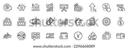 Icons pack as Wallet, Check investment and Contactless payment line icons for app include Targeting, Money transfer, Increasing percent outline thin icon web set. Payment methods. Vector