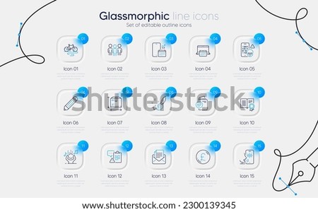Set of Mail correspondence, Bike and Paint brush line icons for web app. Diploma, Calendar, Verification document icons. Pencil, Box size, Pound money signs. Voicemail, Group, Cyber attack. Vector