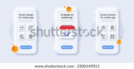 Money currency, Online question and Upload file line icons pack. 3d phone mockups with calendar. Glass smartphone screen. Coffee vending, Empower, Table lamp web icon. Vector