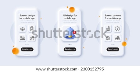 Shield, Wholesale goods and Graph phone line icons pack. 3d phone mockups with bell alert. Glass smartphone screen. Qr code, Medical help, Vip internet web icon. Vector