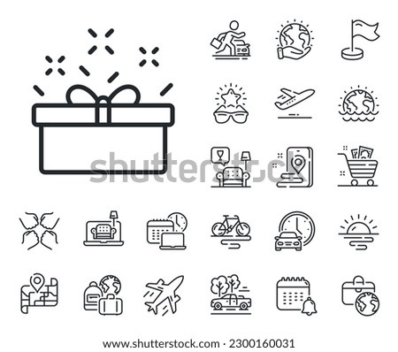 Present or Sale sign. Plane jet, travel map and baggage claim outline icons. Gift box line icon. Birthday Shopping symbol. Package in Gift Wrap. Present box line sign. Vector