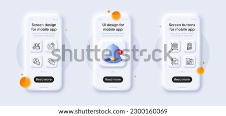 Circle area, Floor plan and Paper clip line icons pack. 3d phone mockups with bell alert. Glass smartphone screen. New mail, Inspect, Currency rate web icon. User, Fake document pictogram. Vector
