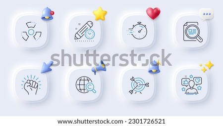 Check article, Target and Project deadline line icons. Buttons with 3d bell, chat speech, cursor. Pack of Timer, International copyright, Chemical hazard icon. Influence, Empower pictogram. Vector
