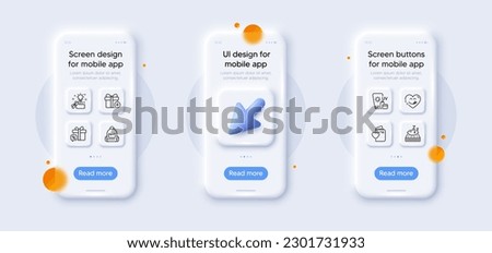 Yummy smile, Add gift and Sunscreen line icons pack. 3d phone mockups with cursor. Glass smartphone screen. Love document, Backpack, Creative idea web icon. Sale gift, Mattress pictogram. Vector