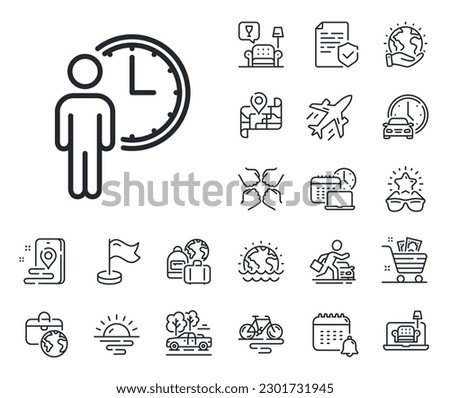 Service time sign. Plane jet, travel map and baggage claim outline icons. Person waiting line icon. Clock symbol. Waiting line sign. Car rental, taxi transport icon. Place location. Vector