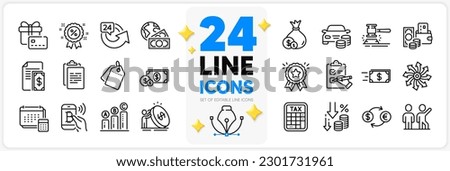 Icons set of Inflation, Money transfer and Currency exchange line icons pack for app with Payment, Sale tags, Cash thin outline icon. Dollar money, Deflation, Gift card pictogram. Vector