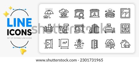 Market seller, Best market and Home insurance line icons set for app include Open door, Furniture, Furniture moving outline thin icon. Lighthouse, Door, Building pictogram icon. Agent. Vector