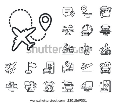Plane flight transport sign. Plane, supply chain and place location outline icons. Airplane line icon. Aircraft symbol. Airplane line sign. Taxi transport, rent a bike icon. Travel map. Vector