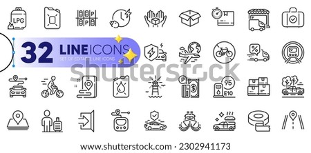 Outline set of Metro, Transport insurance and Pickup line icons for web with Adhesive tape, International flight, Road thin icon. Place, Wholesale inventory, Parking payment pictogram icon. Vector