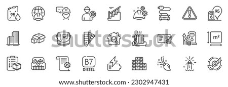 Icons pack as Skyscraper buildings, Toolbox and Palette line icons for app include Working process, Square area, Inspect outline thin icon web set. Green energy, Engineer, Paint pictogram. Vector