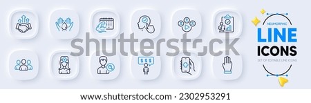 Wash hands, Inspect and Fitness calendar line icons for web app. Pack of Group, Three fingers, Oculist doctor pictogram icons. Video conference, Employee benefits, Deal signs. Vector