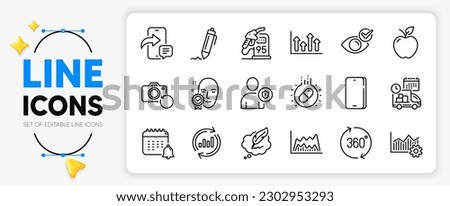 Delivery, Upper arrows and Capsule pill line icons set for app include Apple, Signature, Recovery photo outline thin icon. Phone, Check eye, Security pictogram icon. Calendar. Vector