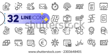 Outline set of Phone photo, Fingerprint access and Parking security line icons for web with Comments, Incubator, Home facility thin icon. Work home, Delivery, Secure mail pictogram icon. Vector