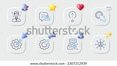 Biometric security, Settings gear and Swipe up line icons. Buttons with 3d bell, chat speech, cursor. Pack of Seo gear, New message, Support consultant icon. Networking, Click here pictogram. Vector