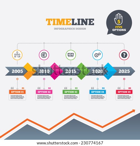 Timeline infographic with arrows. Website database icon. Copyrights and gear signs. 404 page not found symbol. Under construction. Five options with hand. Growth chart. Vector