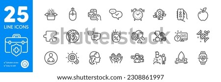 Outline icons set. Cardio training, People talking and Puzzle icons. Avatar, Medical insurance, Online quiz web elements. Support, Dumbbell, Water splash signs. Hold box, Teamwork. Vector