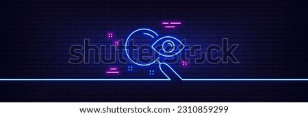 Neon light glow effect. Search line icon. Find document sign. Magnify glass. 3d line neon glow icon. Brick wall banner. Search outline. Vector