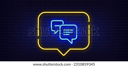 Neon light speech bubble. Dots message line icon. Chat comment sign. Speech bubble symbol. Neon light background. Dots message glow line. Brick wall banner. Vector