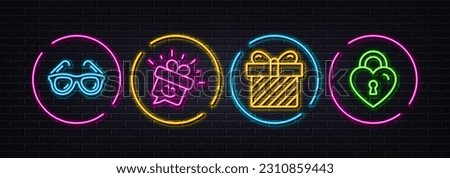 Sunglasses, Smile and Surprise minimal line icons. Neon laser 3d lights. Love lock icons. For web, application, printing. Travel glasses, Gift box, Present with bow. Bridge locker. Vector
