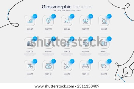 Set of Santa boots, Inventory and Fireworks rocket line icons for web app. Graph chart, Wifi, Petrol station icons. Pen tool, Truck parking, Credit card signs. Toolbox, Fishing reel. Vector
