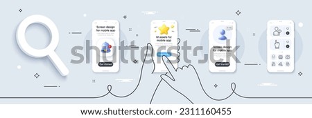 Communication, Teamwork and Refer friend line icons pack. Phone screen mockup with 3d star, alert and chat message. Click hand, Friendship, Face recognition web icon. Vector