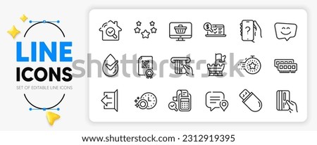 Stars, Bill accounting and Ram line icons set for app include Dermatologically tested, Smile face, Shield outline thin icon. Usb stick, Ask question, Credit card pictogram icon. Sign out. Vector
