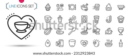 Pack of Salad, Wine glass and Cake line icons. Include Americano, Chef, Food delivery pictogram icons. Coffee delivery, Grill pan, Grill signs. Popcorn, Ice cream, Love coffee. Food app. Vector