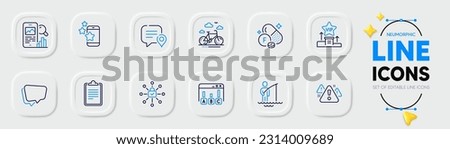 Vip podium, Survey results and Best app line icons for web app. Pack of Fisherman, Fluorine mineral, Bike rental pictogram icons. Chat bubble, Warning, Speech bubble signs. Clipboard. Vector