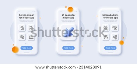 Delivery plane, Lock and Gears line icons pack. 3d phone mockups with cursor. Glass smartphone screen. Spanner, Seo analysis, Laptop password web icon. Inspect, Person idea pictogram. Vector