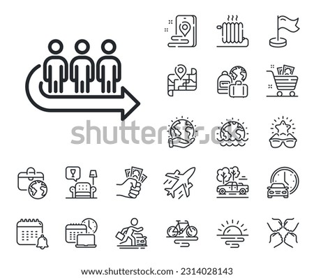 People waiting sign. Plane jet, travel map and baggage claim outline icons. Queue line icon. Direction arrow symbol. Queue line sign. Car rental, taxi transport icon. Place location. Vector