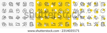 Outline Healthcare calendar, Teamwork and Recovery laptop line icons pack for web with Vr, Online survey, Report document line icon. Chemistry dna, Cloud sync, Brush pictogram icon. Vector