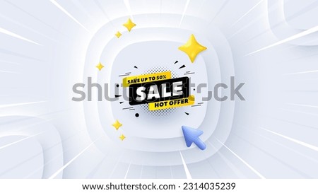 Sale 50 percent off banner. Neumorphic offer 3d banner, poster. Discount sticker shape. Coupon tag icon. Sale 50 percent promo event background. Sunburst banner, flyer or coupon. Vector