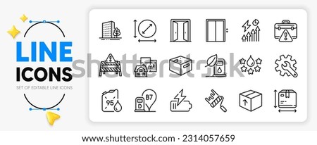Box size, Lift and Open door line icons set for app include Floor plan, Warning road, Package outline thin icon. Petrol canister, Buildings, Warning briefcase pictogram icon. Vector