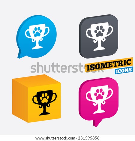 Winner pets cup sign icon. Trophy for pets. Isometric speech bubbles and cube. Rotated icons with edges. Vector