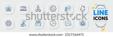 Teamwork, Chat bubble and 5g technology line icons for web app. Pack of Startup, Seo laptop, Settings gear pictogram icons. Security contract, Dice, Risk management signs. Neumorphic buttons. Vector