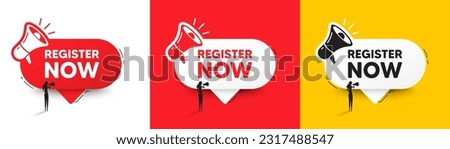 Register now tag. Speech bubble with megaphone and woman silhouette. Free registration offer. Create an account message. Register now chat speech message. Woman with megaphone. Vector