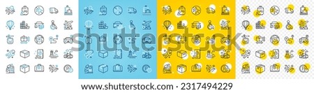 Vector icons set of Place, Passenger and Office box line icons pack for web with Pin, Parcel, Parking time outline icon. Buy car, Search flight, Truck delivery pictogram. Disability. Vector