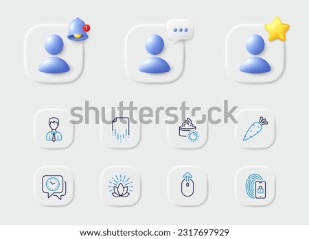 Clock, Sun cream and Recovery file line icons. Placeholder with 3d star, reminder bell, chat. Pack of Businessman, Lock, Swipe up icon. Carrot, Lotus pictogram. For web app, printing. Vector
